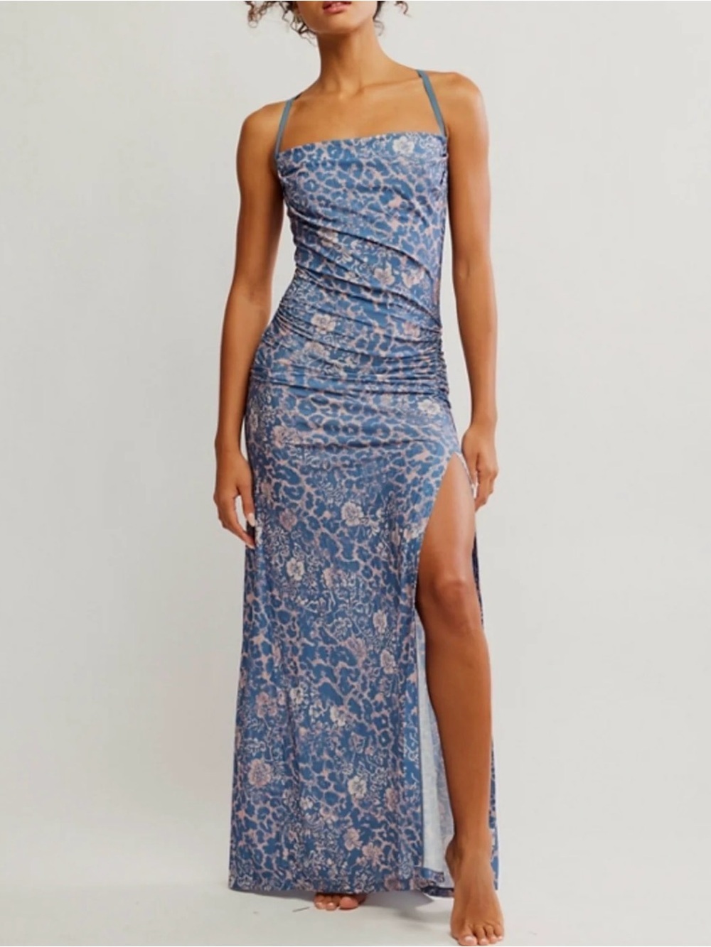 Free People Concrete Jungle Ruched Maxi Slip Dress in Blue Stone Combo ZB7